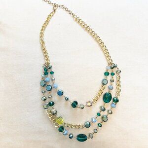 Green Blue Beaded Chain Necklace Gold Tone Layered Boho Statement Jewelry